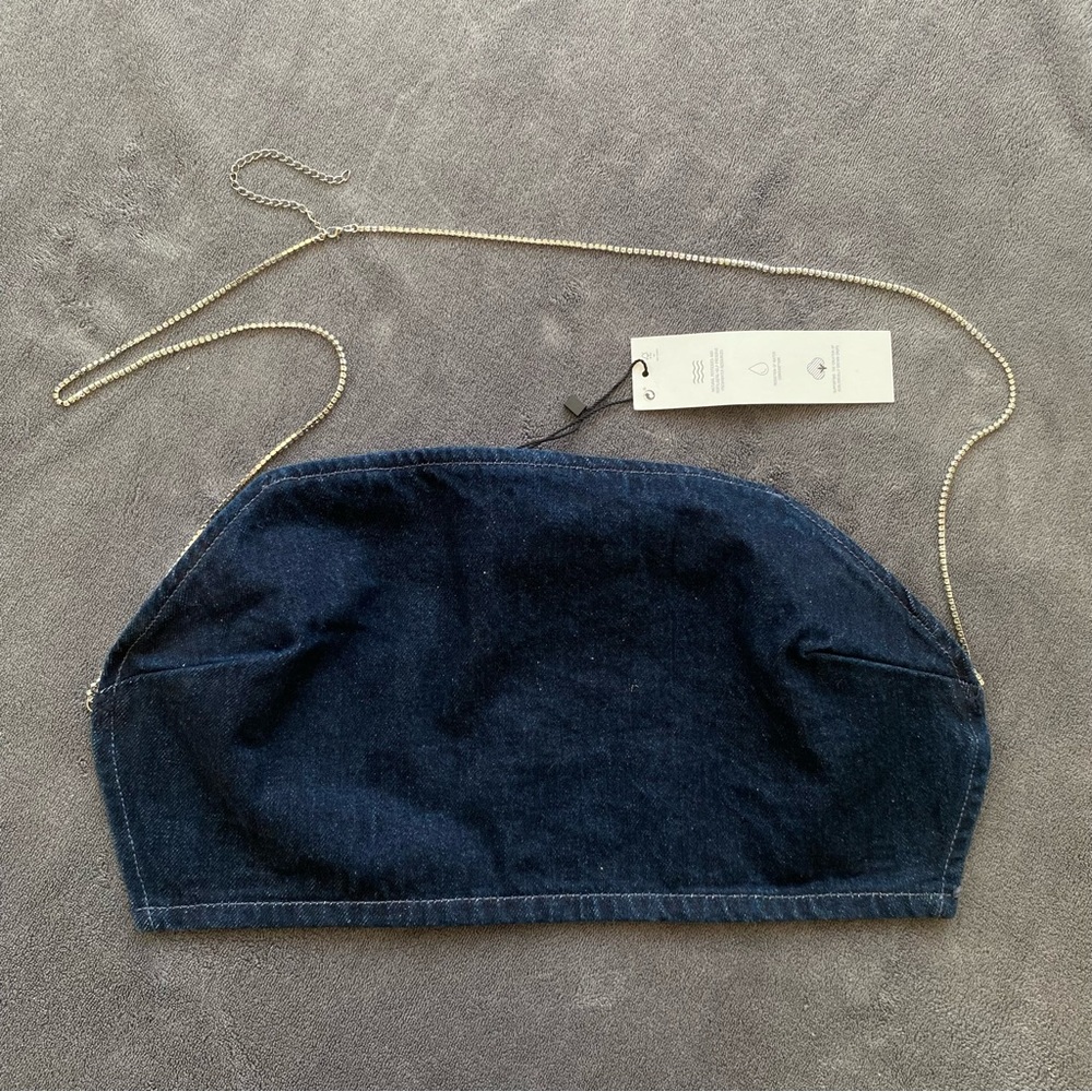 Sexy Open Back Denim Crop Top with Rhinestone Chain Strap Detail
